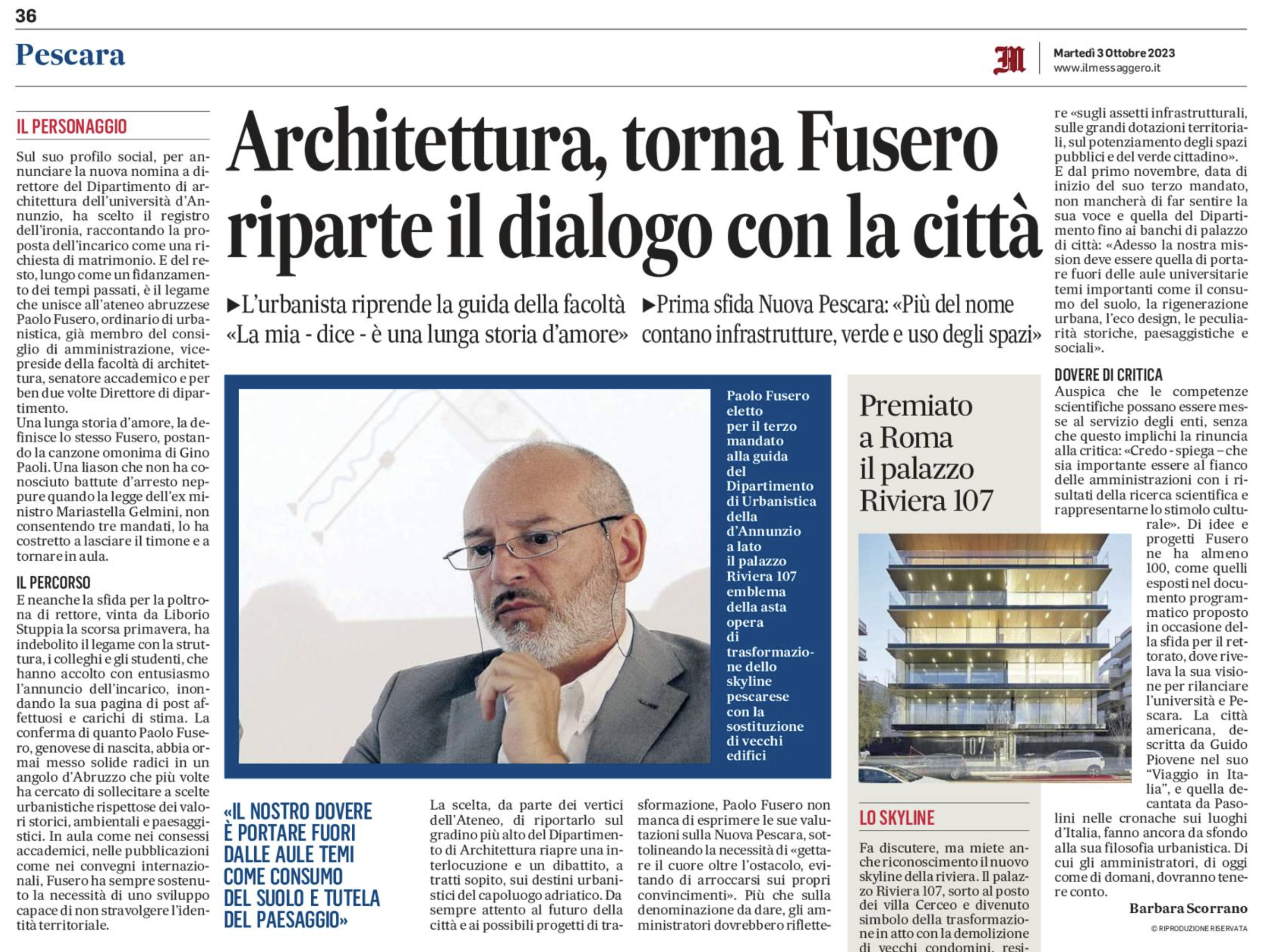 Il prof. Paolo Fusero eletto per la terza volta Direttore del Dipartimento di Architettura dell'Università G. d'Annunzio